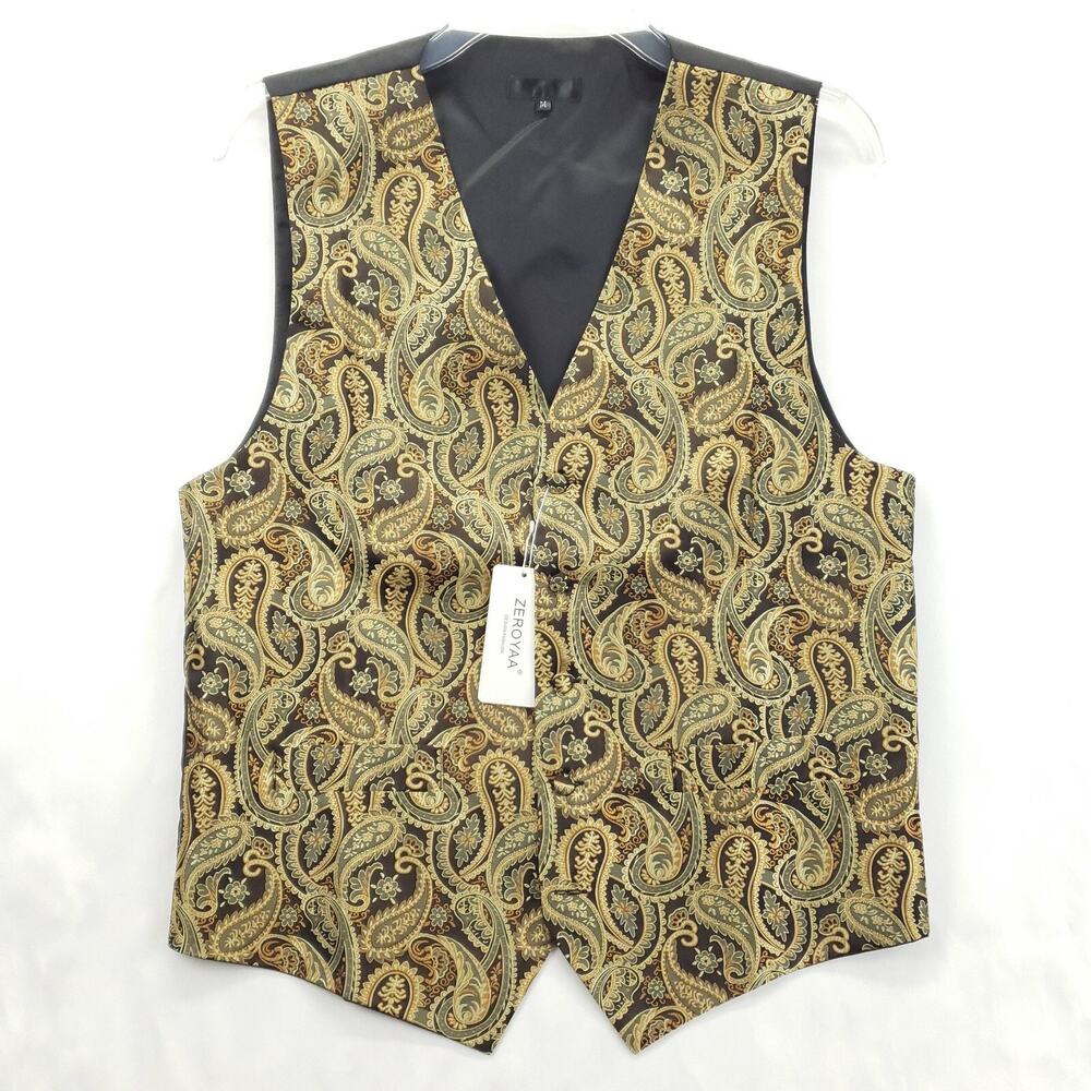 NEW Zeroyaa Vest Waistcoat Mens Medium Gold Black Paisley Fabric Button V-Neck